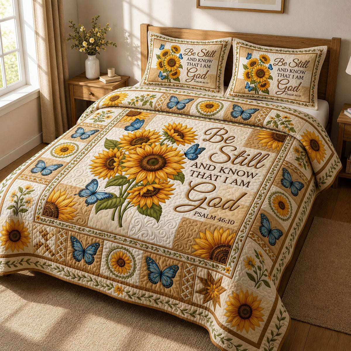 Be Still 3-Piece Quilted Bedding Set GFTOLAN322 quilted 3-piece bedding set on a made bed with two matching pillow shams