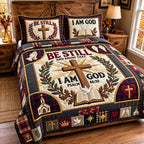 Be Still God quilted 3-piece bedding set on a made bed in a softly lit bedroom