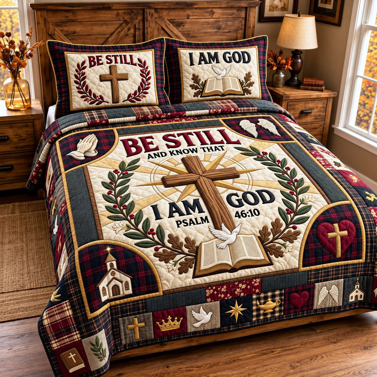 Be Still God quilted 3-piece bedding set on a made bed in a softly lit bedroom