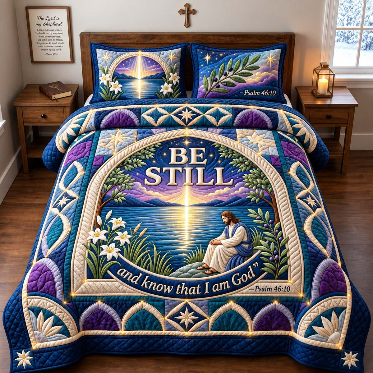 Be Still quilted 3-piece bedding set on a made bed with two matching pillow shams