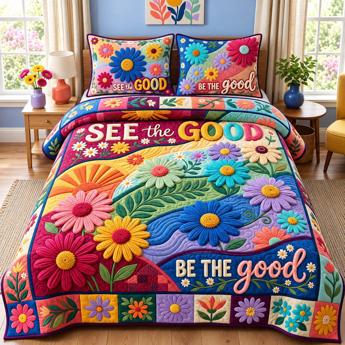 Be The Good quilted 3-piece bedding set on a made bed with two matching pillow shams