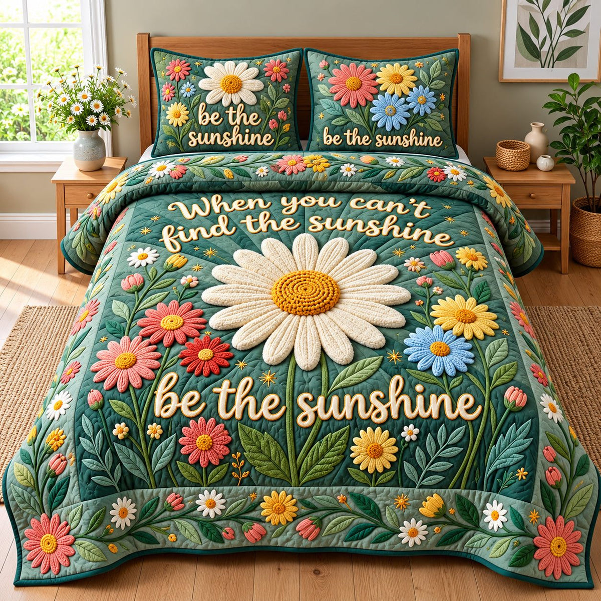 Be The Sunshine quilted 3-piece bedding set on a made bed with two matching pillow shams