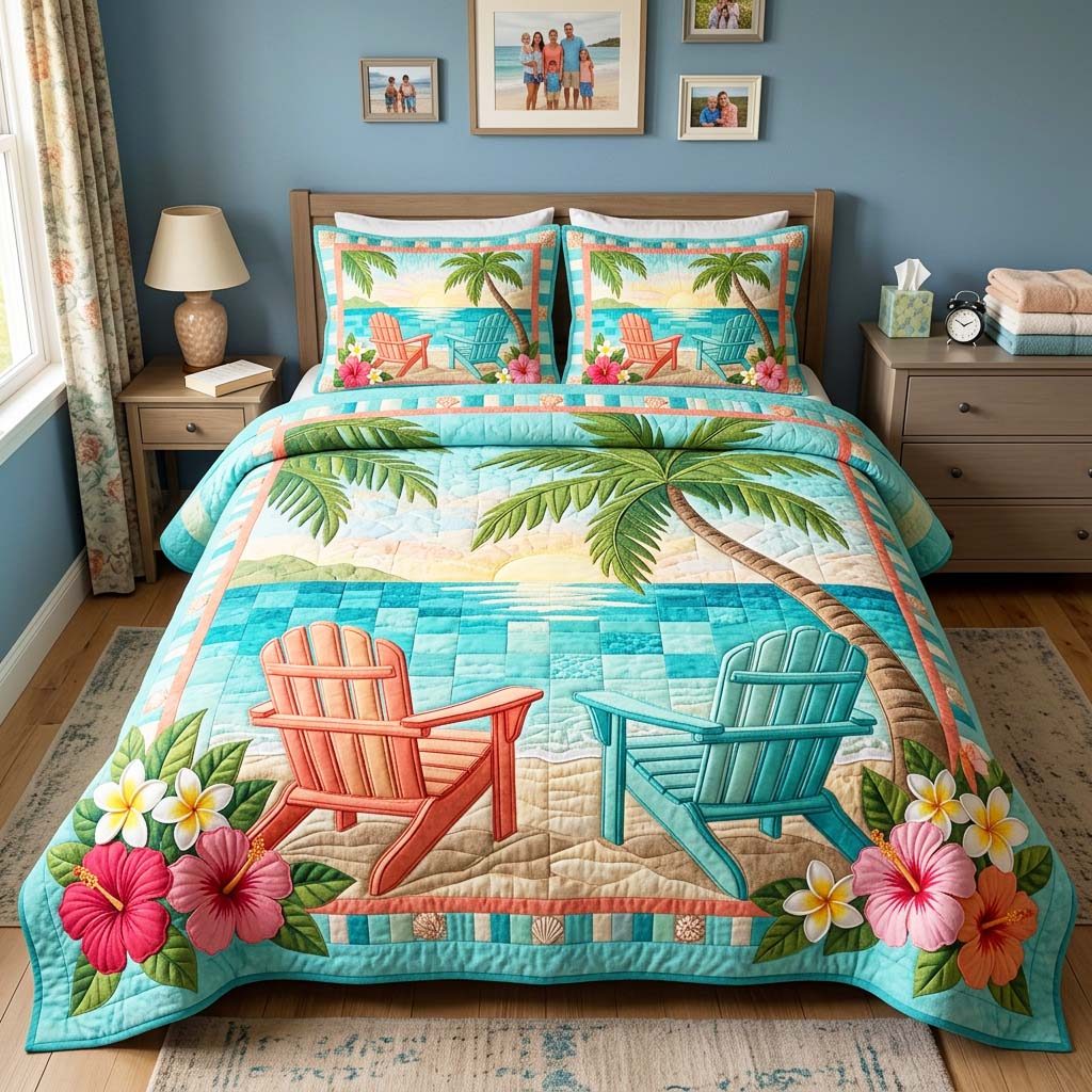 Beach Chairs 3-Piece Quilted Bedding Set GFTOQM4469 quilted 3-piece bedding set on a made bed in a light coastal bedroom