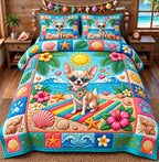 Beach Sunshine Chihuahua quilted 3-piece bedding set on a made bed in a light coastal bedroom