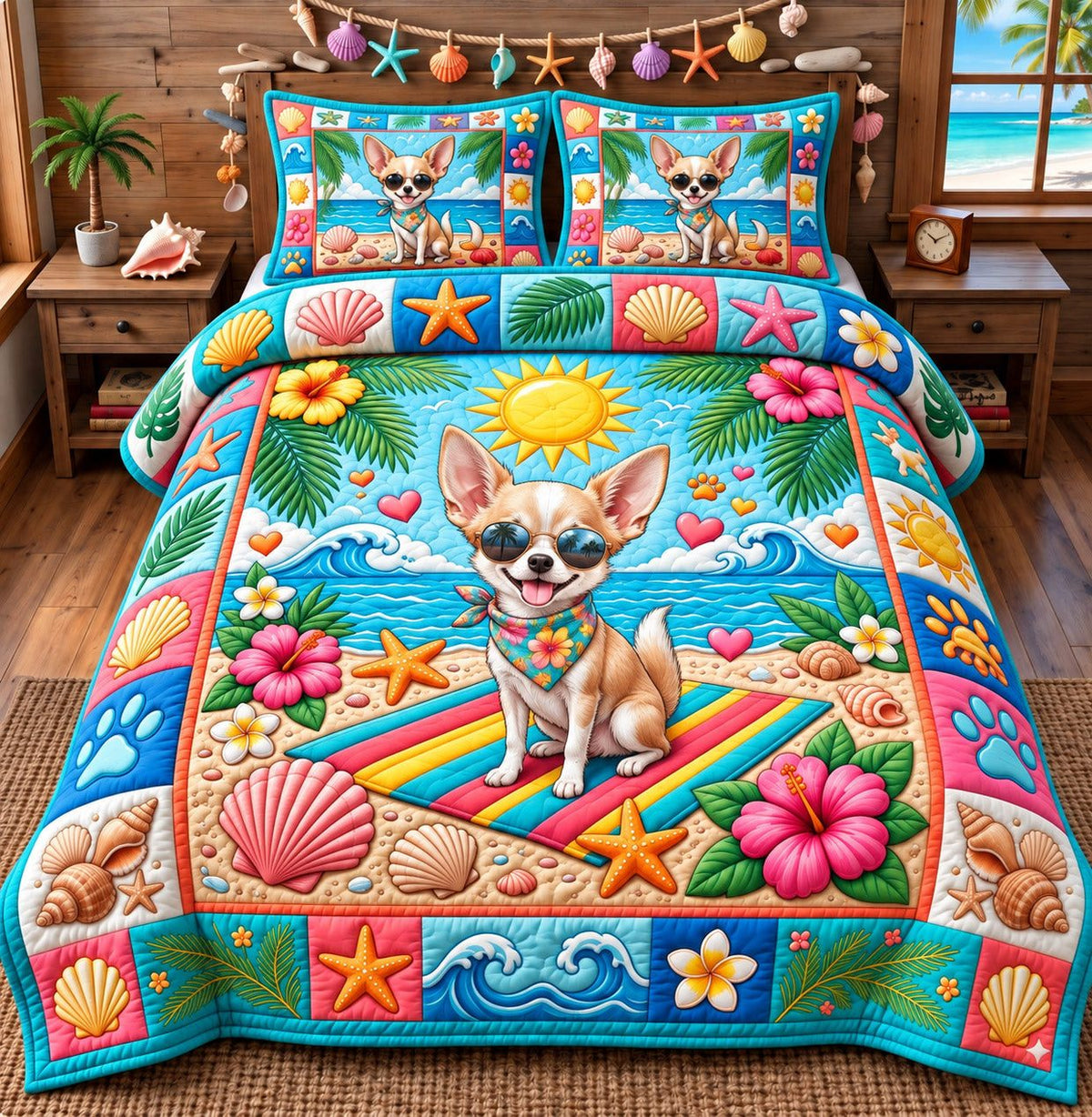 Beach Sunshine Chihuahua quilted 3-piece bedding set on a made bed in a light coastal bedroom