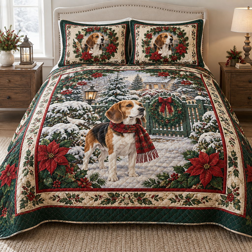 Beagle Christmas 3-Piece Quilted Bedding Set — digital product visualization