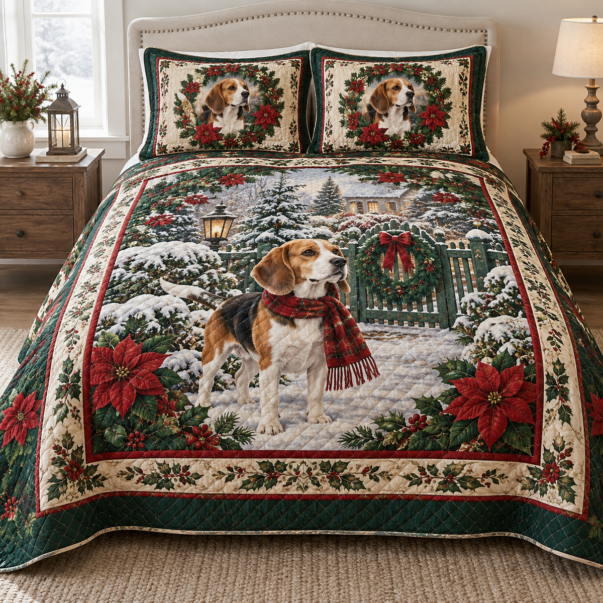 Beagle Christmas 3-Piece Quilted Bedding Set — digital product visualization