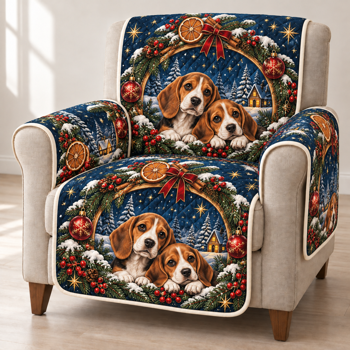 Beagle Cinnamon Starlit Arch printed Christmas quilted sofa cover; design mockup showing a flat printed depth effect.