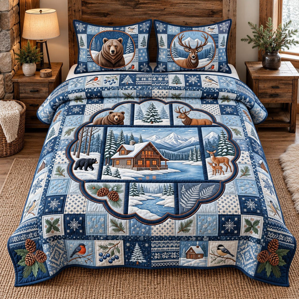 Bear And Deer Cabin Winter Patchwork quilted 3-piece bedding set on a made bed in a winter-styled bedroom