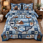 Bear And Deer Cabin Winter Patchwork quilted 3-piece bedding set on a made bed in a winter-styled bedroom