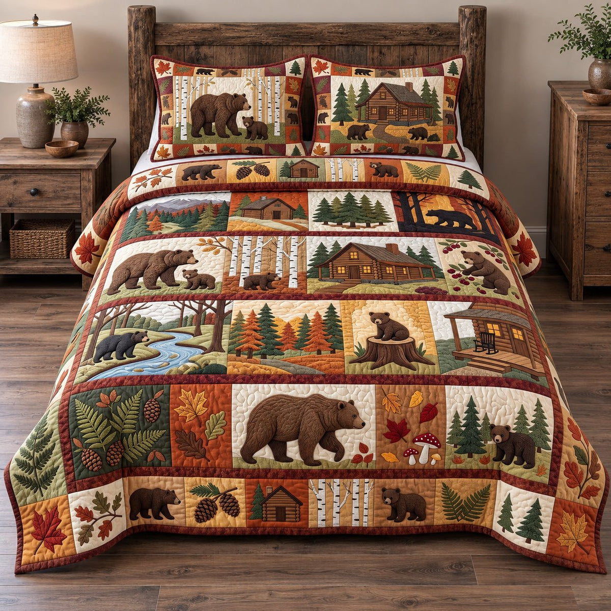 Bear And Moose Forest Patchwork quilted 3-piece bedding set on a made bed in a farmhouse bedroom