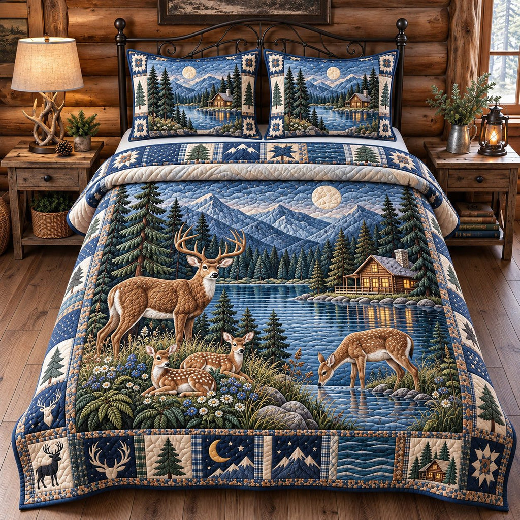 Bear Creek Cabin Forest Charm quilted 3-piece bedding set on a made bed with two matching pillow shams