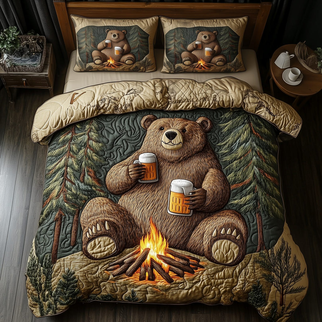 Bear Drinks Beer Camping 3-Piece Quilted Bedding Set GFTOAB1412 quilted 3-piece bedding set on a made bed with two matching pillow shams