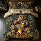 Bear Drinks Beer Camping 3-Piece Quilted Bedding Set GFTOAB1412 quilted 3-piece bedding set on a made bed with two matching pillow shams