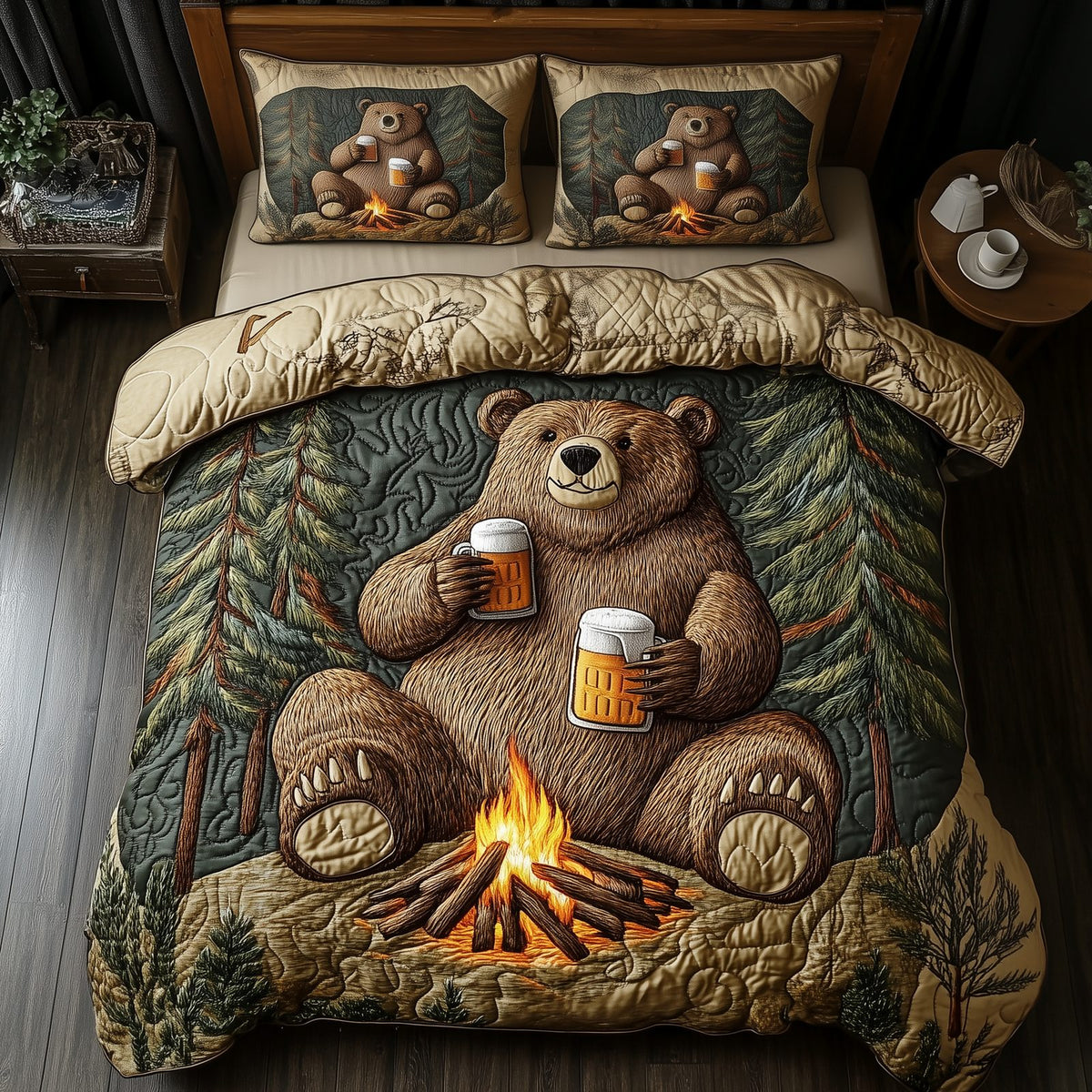 Bear Drinks Beer Camping 3-Piece Quilted Bedding Set GFTOAB1412 quilted 3-piece bedding set on a made bed with two matching pillow shams