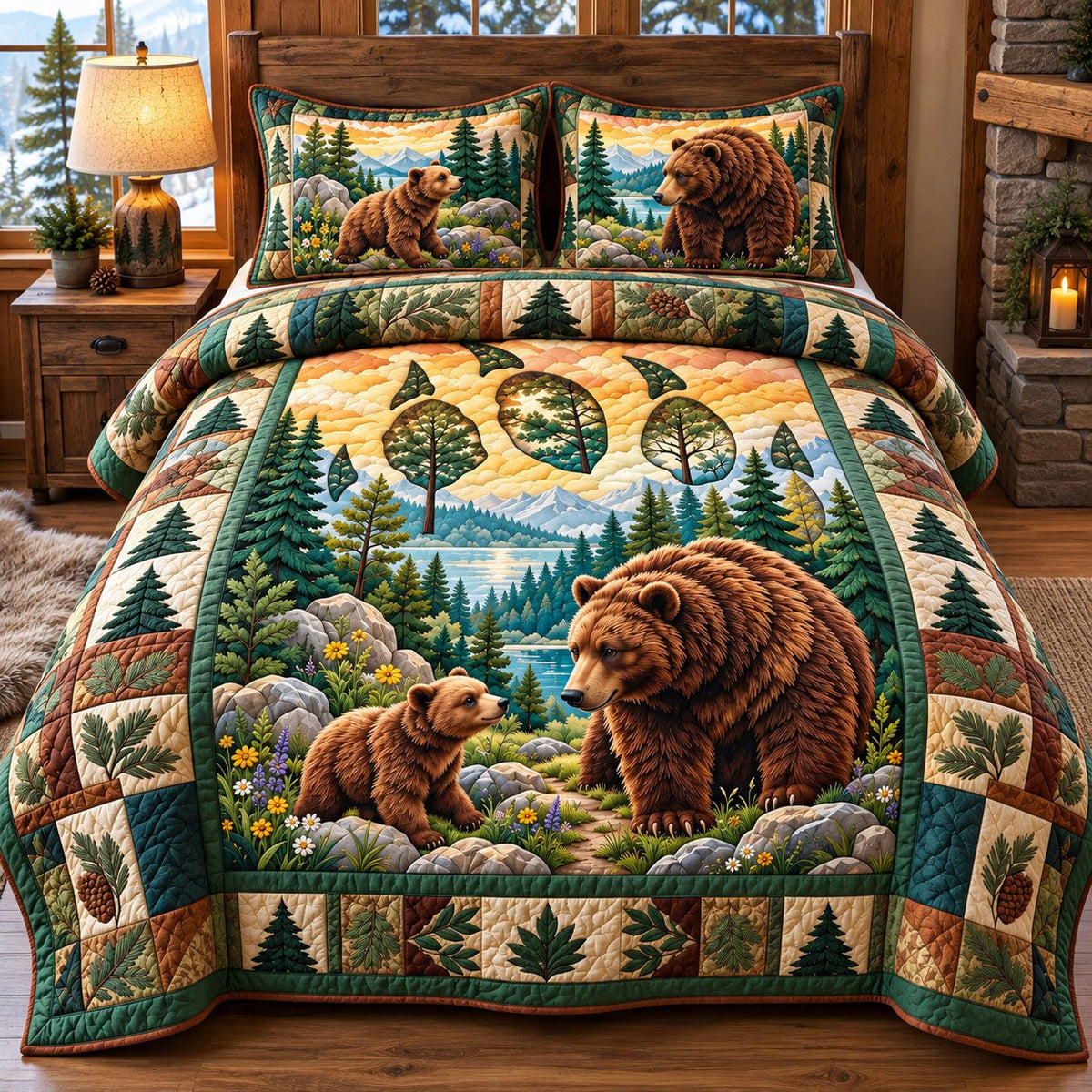 Bear Family Forest quilted 3-piece bedding set on a made bed with two matching pillow shams