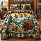 Bear Family Forest quilted 3-piece bedding set on a made bed with two matching pillow shams