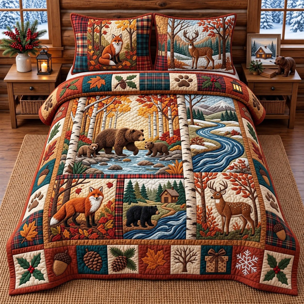 Bear Fox Stream Autumn Forest quilted 3-piece bedding set on a made bed with two matching pillow shams