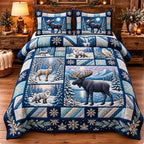 Bear Lake Winter Forest quilted 3-piece bedding set on a made bed in a winter-styled bedroom