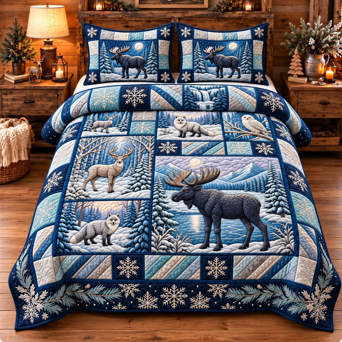 Bear Lake Winter Forest quilted 3-piece bedding set on a made bed in a winter-styled bedroom