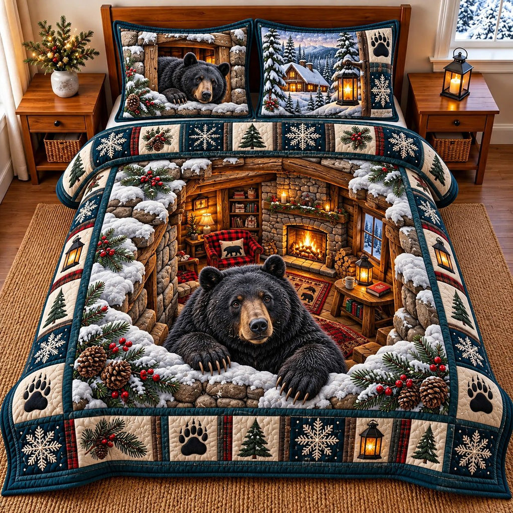 Bear Lodge quilted 3-piece bedding set on a made bed with two matching pillow shams