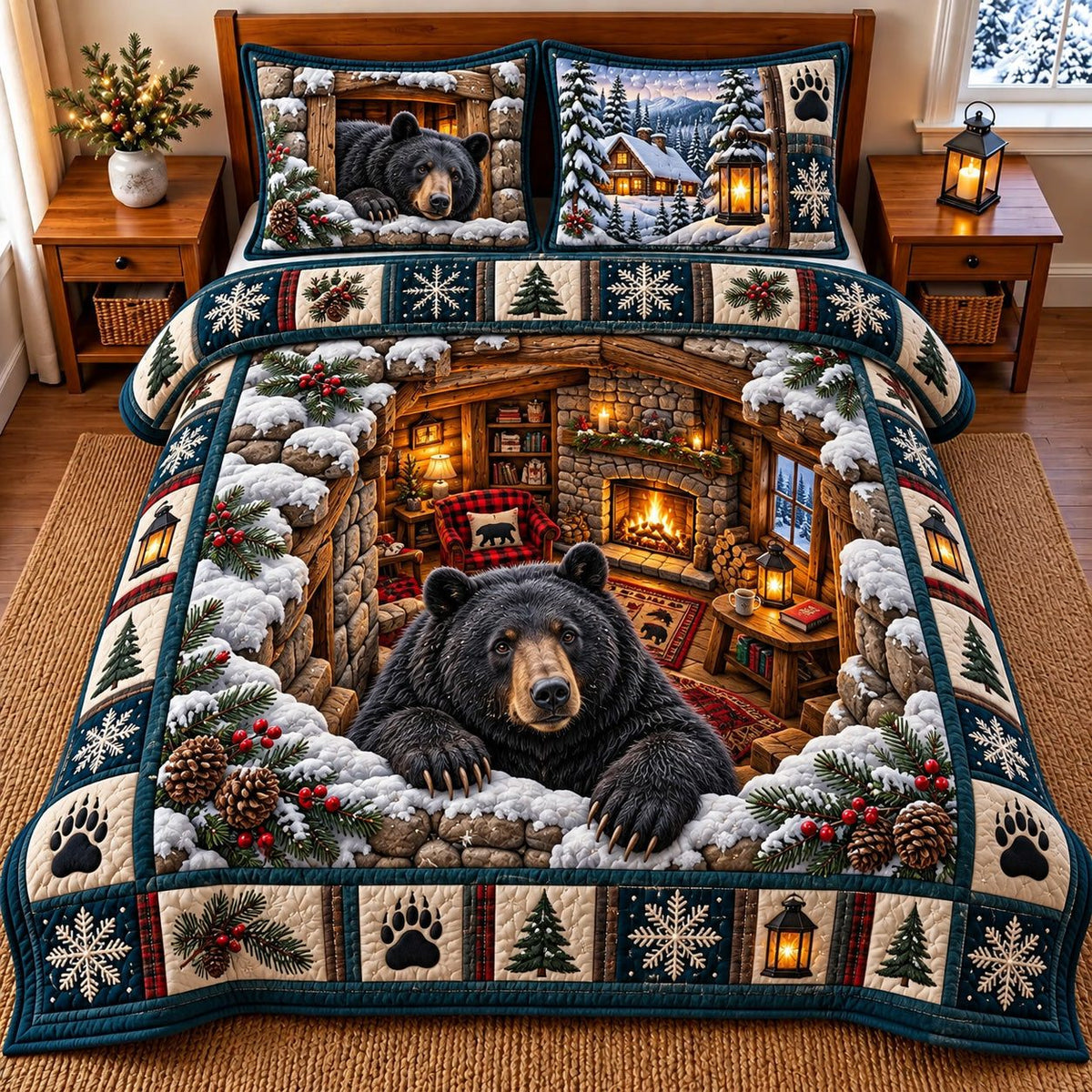 Bear Lodge quilted 3-piece bedding set on a made bed with two matching pillow shams