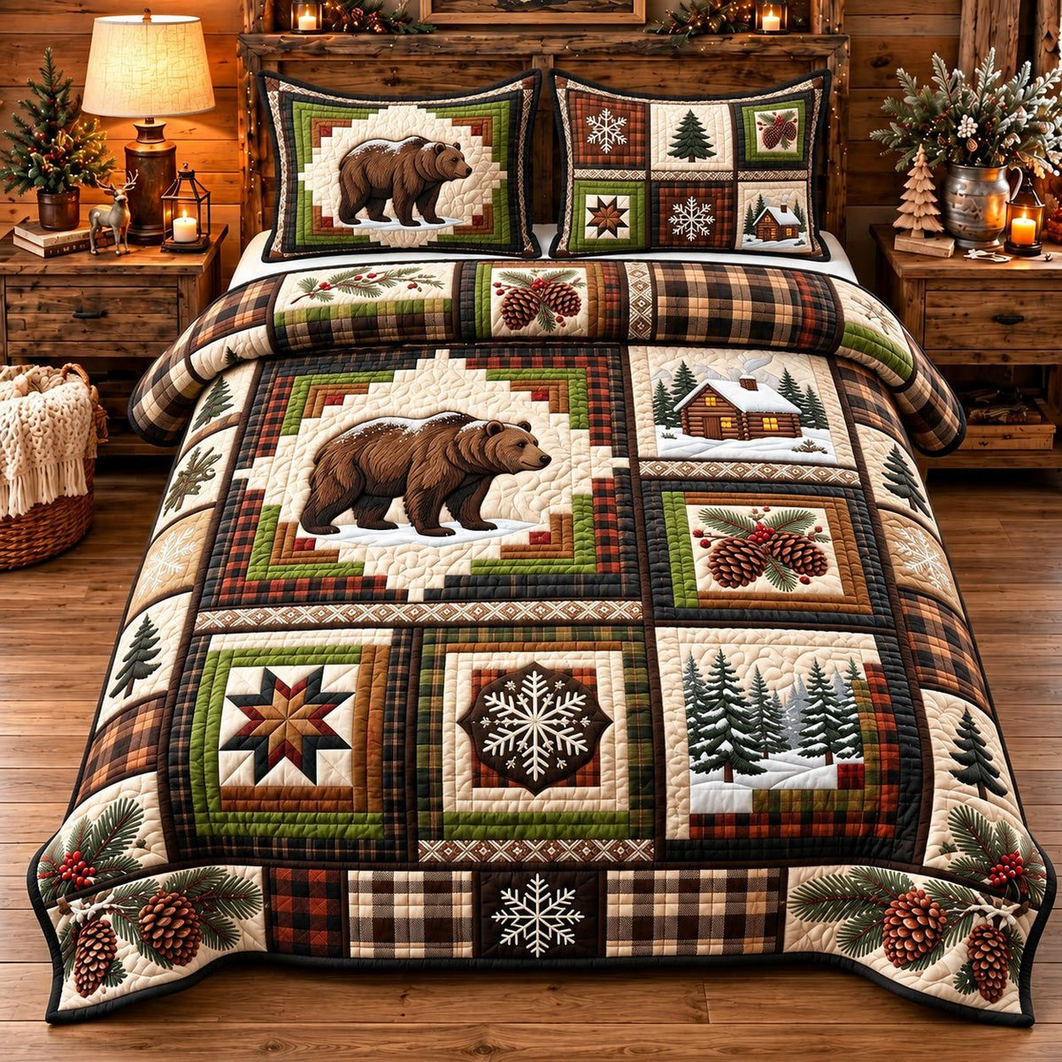 Bear Patchwork quilted 3-piece bedding set on a made bed in a farmhouse bedroom
