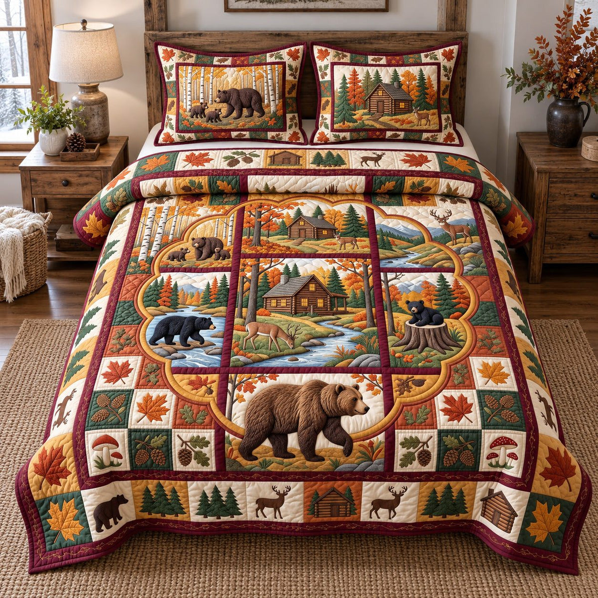 Bear River Cabin Autumn Patchwork quilted 3-piece bedding set on a made bed in a farmhouse bedroom