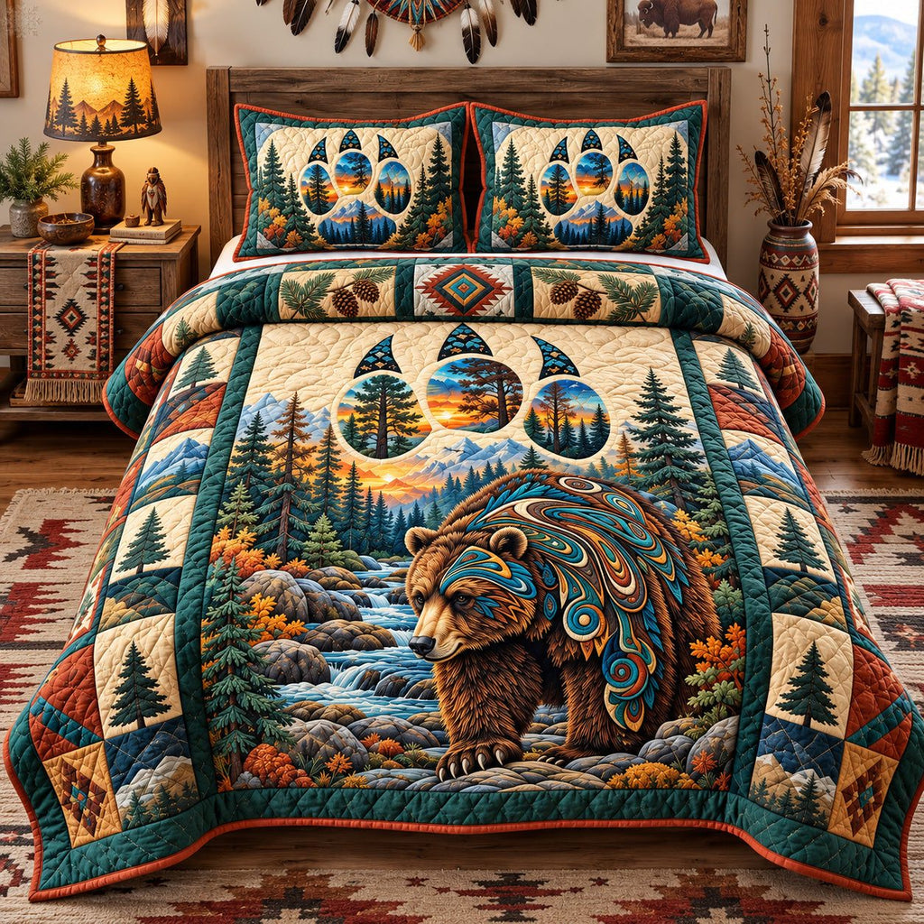 Bear Spirit Of The Forest quilted 3-piece bedding set on a made bed with two matching pillow shams