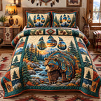 Bear Spirit Of The Forest quilted 3-piece bedding set on a made bed with two matching pillow shams