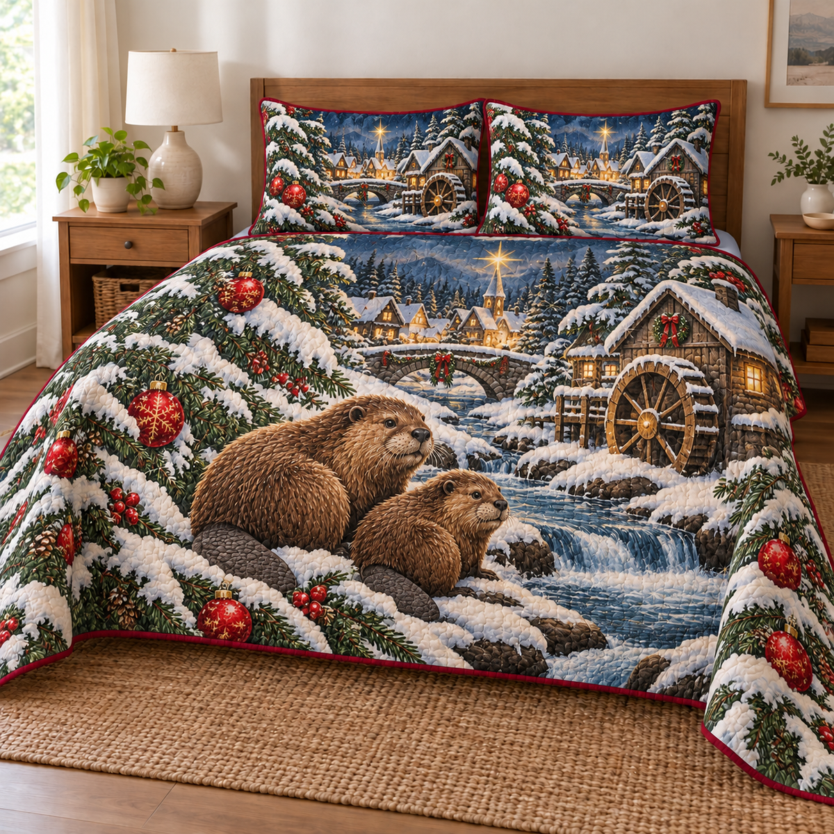 Beaver Star Watermill printed Christmas quilt and two matching pillow shams; design mockup showing a flat printed depth effect.