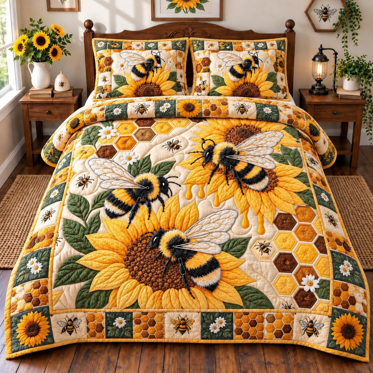 Bee Sunflower Magic quilted 3-piece bedding set on a made bed with two matching pillow shams