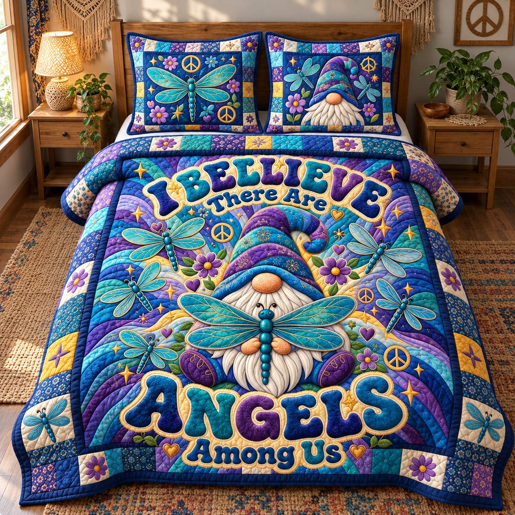 Believe In Angels quilted 3-piece bedding set on a made bed in a softly lit bedroom