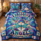 Believe In Angels quilted 3-piece bedding set on a made bed in a softly lit bedroom