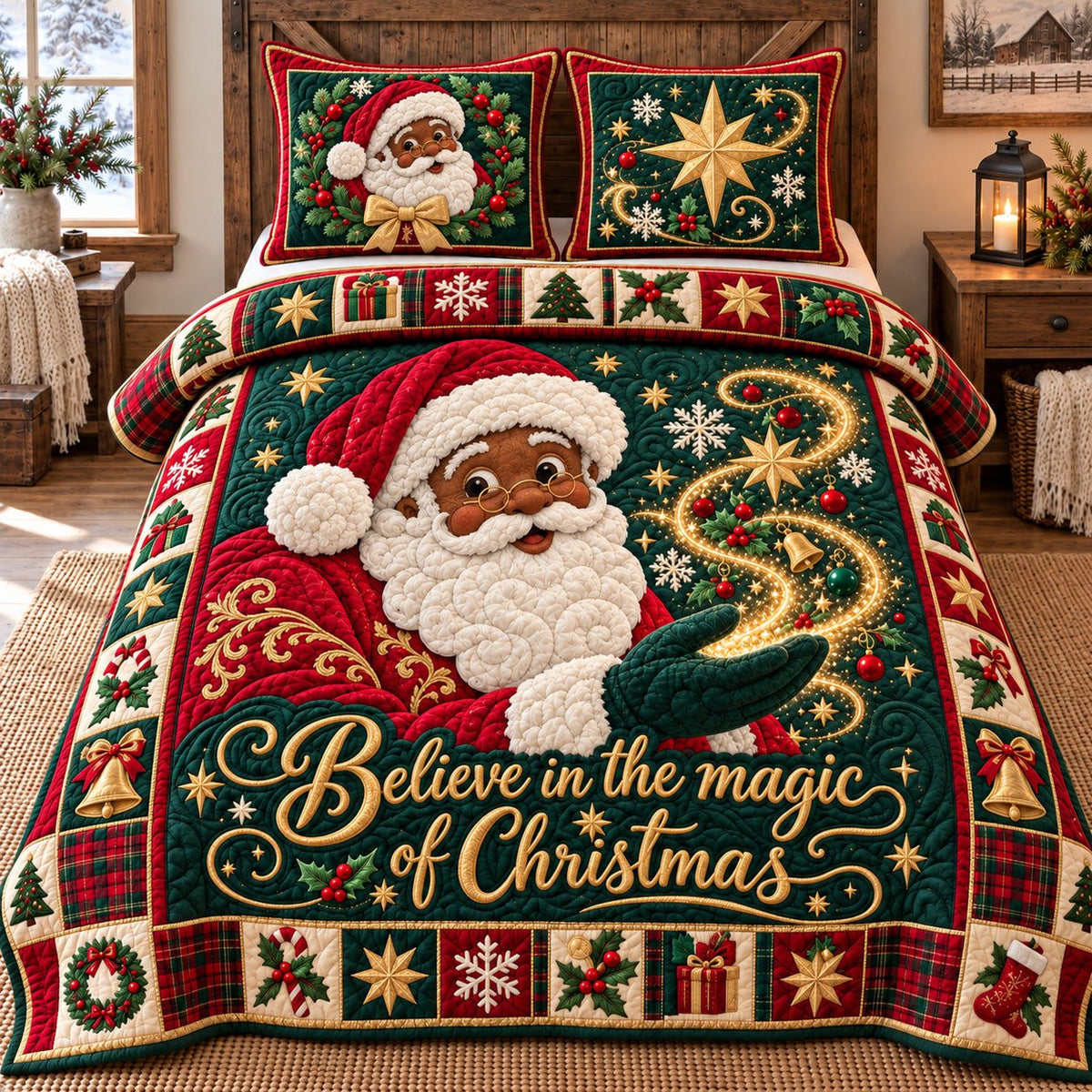 Believe In Magic quilted 3-piece bedding set on a made bed with two matching pillow shams