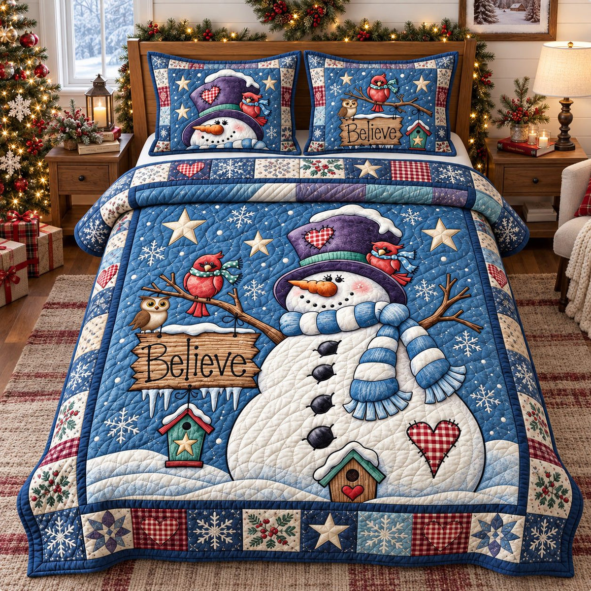 Believe In Snowman Magic quilted 3-piece bedding set on a made bed in a winter-styled bedroom