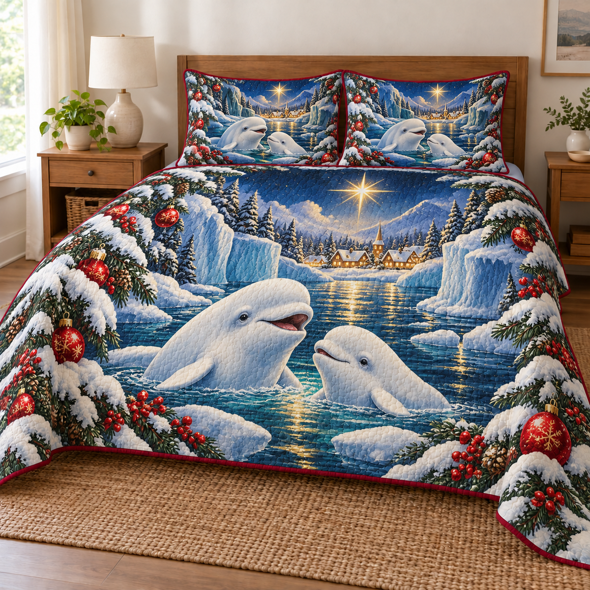Beluga Star Inlet printed Christmas quilt and two matching pillow shams; design mockup showing a flat printed depth effect.