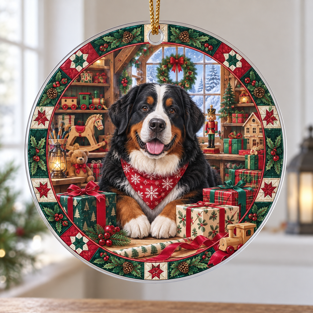 Bernese Mountain Dog Acrylic Christmas Ornament — digital product visualization