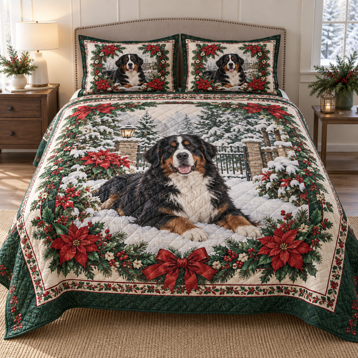Bernese Mountain Dog Christmas 3-Piece Quilted Bedding Set — digital product visualization