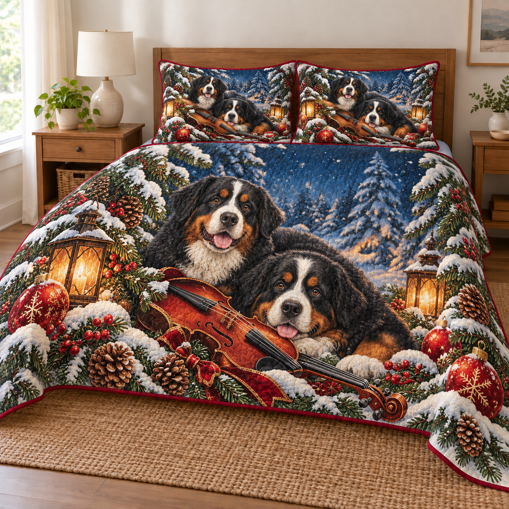 Bernese Mountain Dog Christmas Violin Quilted Bedding Set printed Christmas quilt and two matching pillow shams; design mockup showing a flat printed depth effect.