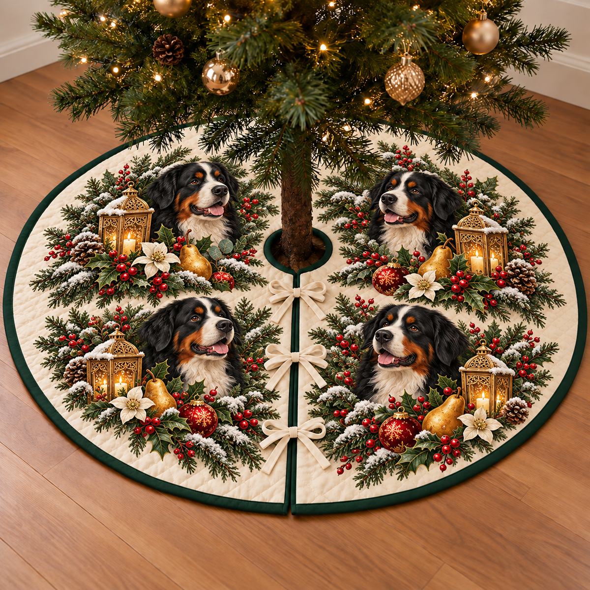 Bernese Pear Toy Lantern printed Christmas circular tree skirt; design mockup showing a flat printed depth effect.