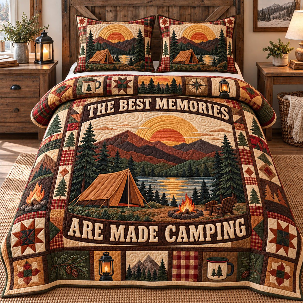 Best Memories Made Camping quilted 3-piece bedding set on a made bed with two matching pillow shams