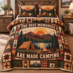 Best Memories Made Camping quilted 3-piece bedding set on a made bed with two matching pillow shams
