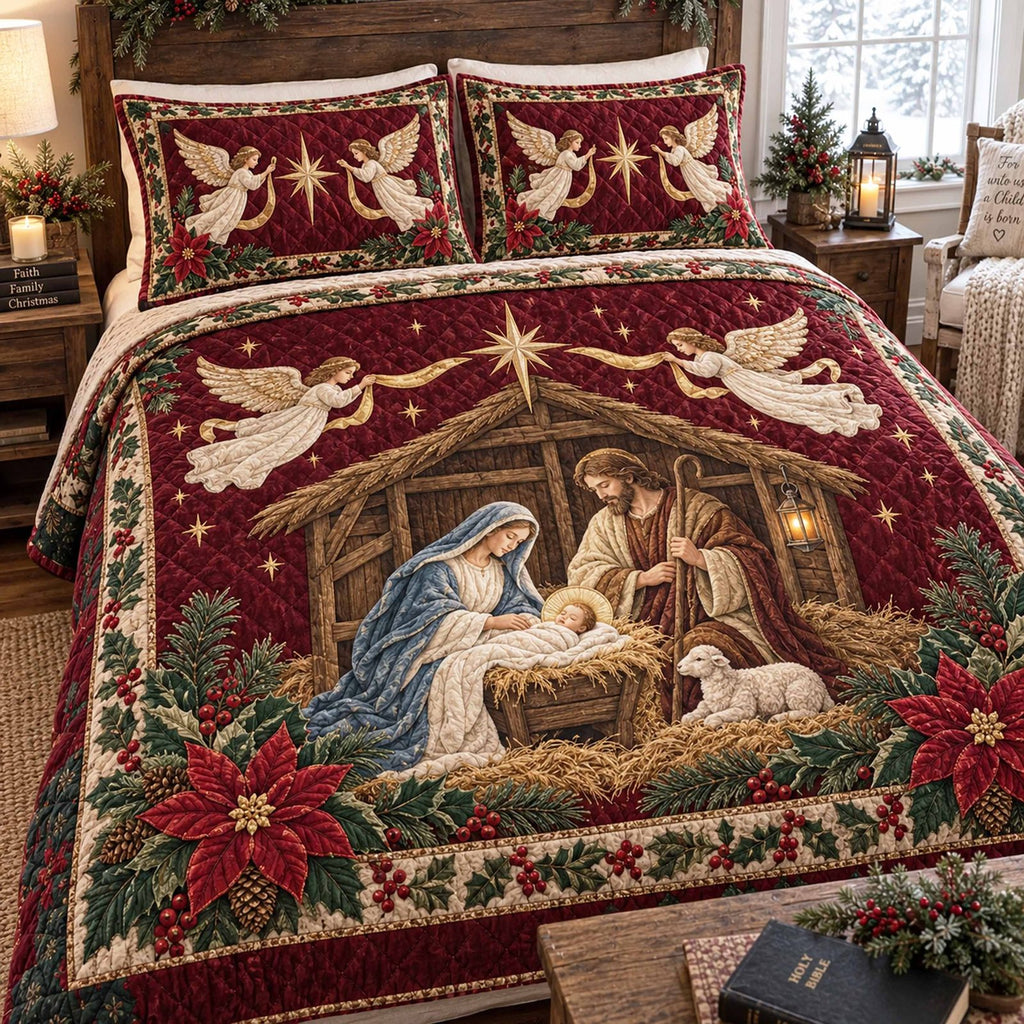 Bethlehem Dawn quilted 3-piece bedding set on a made bed with two matching pillow shams