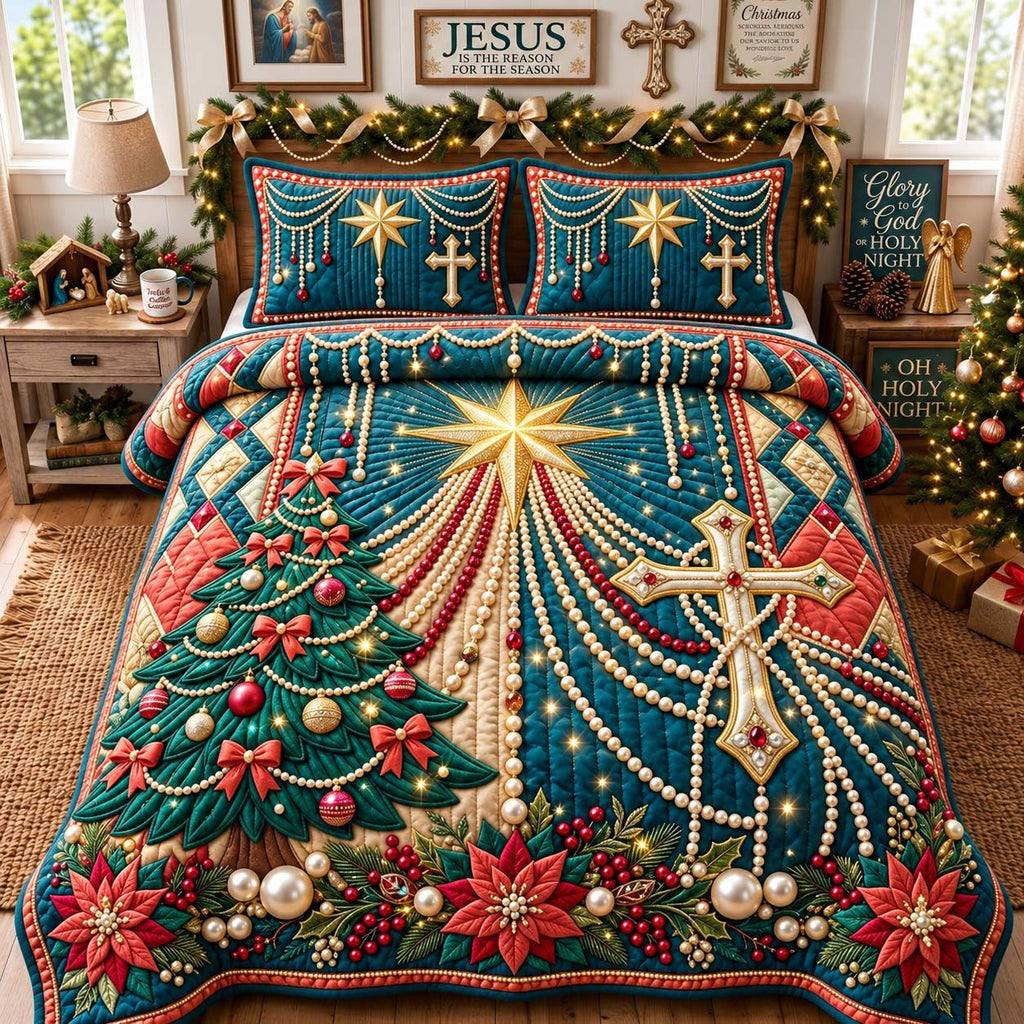 Bethlehem Star Cross quilted 3-piece bedding set on a made bed in a softly lit bedroom