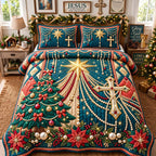Bethlehem Star Cross quilted 3-piece bedding set on a made bed in a softly lit bedroom