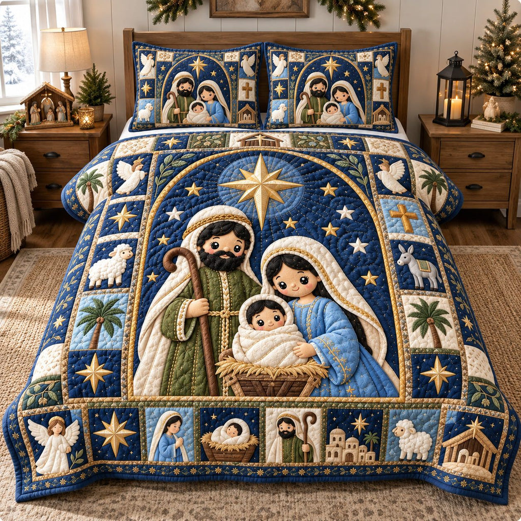 Bethlehem Star Nativity quilted 3-piece bedding set on a made bed in a winter-styled bedroom