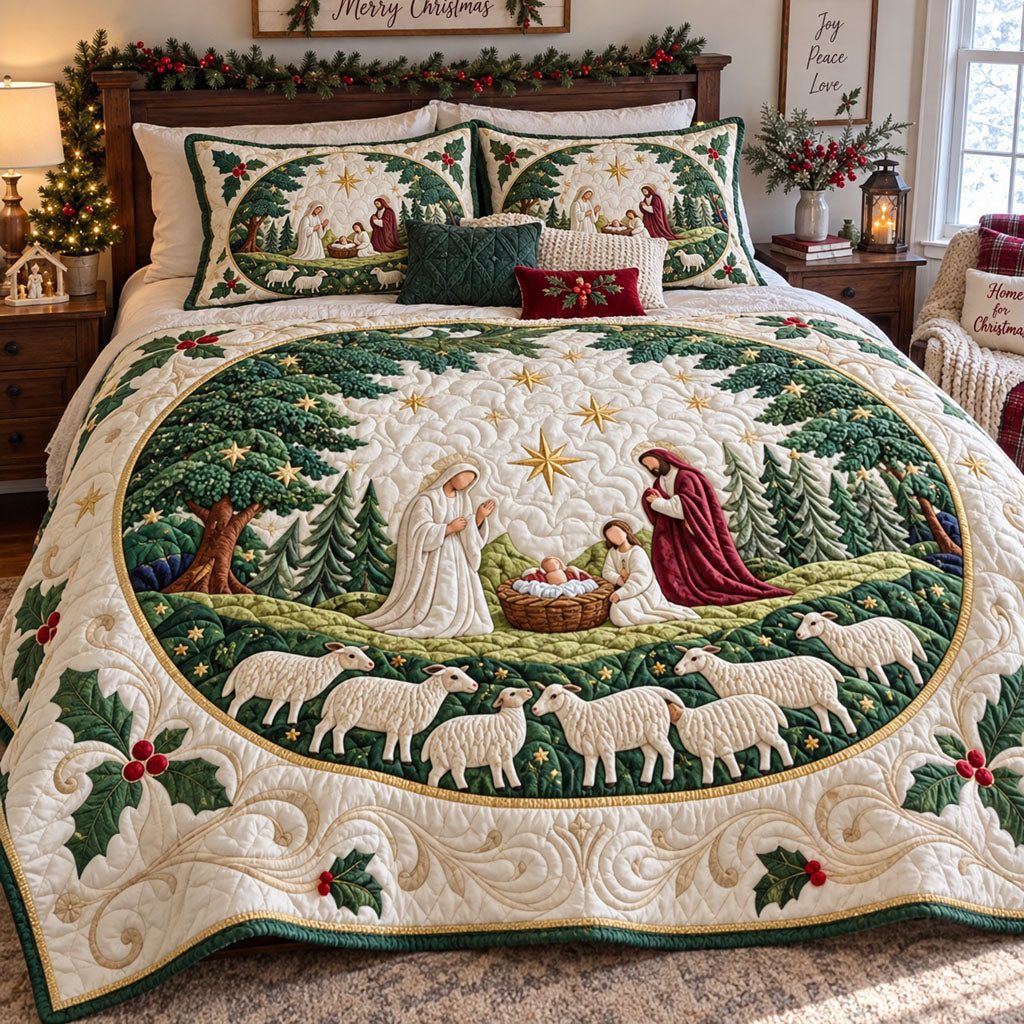 Bethlehem Under the Stars quilted 3-piece bedding set on a made bed with two matching pillow shams