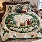 Bethlehem Under the Stars quilted 3-piece bedding set on a made bed with two matching pillow shams