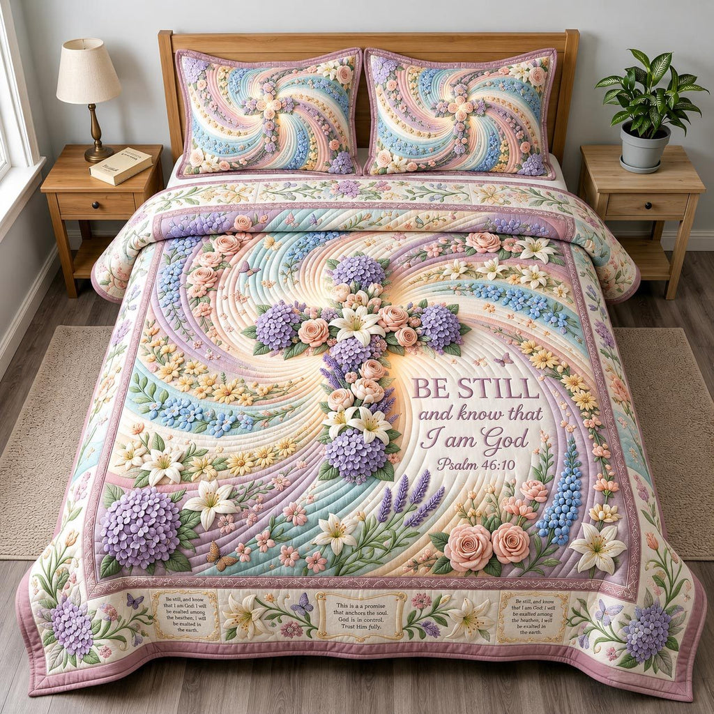 Bible Blossoms 3-Piece Quilted Bedding Set GFTOMA12223 quilted 3-piece bedding set on a made bed in a softly lit bedroom